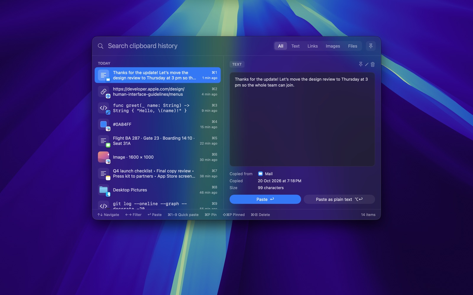 Clipstack quick panel with search, filters and a text preview